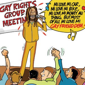 Buju aan tafel met vertegenwoordigers van de homogemeenschap