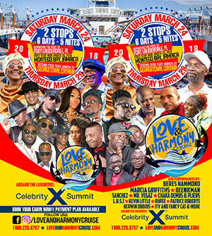 Wie gaat er mee op Love & Harmony Cruise met Beres Hammond, Marcia Griffiths, Beenie Man, Mr. Vegas en vele anderen?